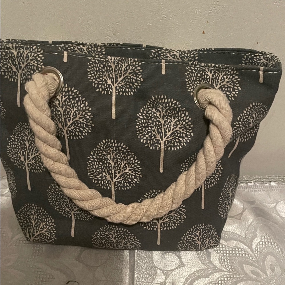 Canvas Tree-Print Tote Bag with Rope Handles - Dark Green